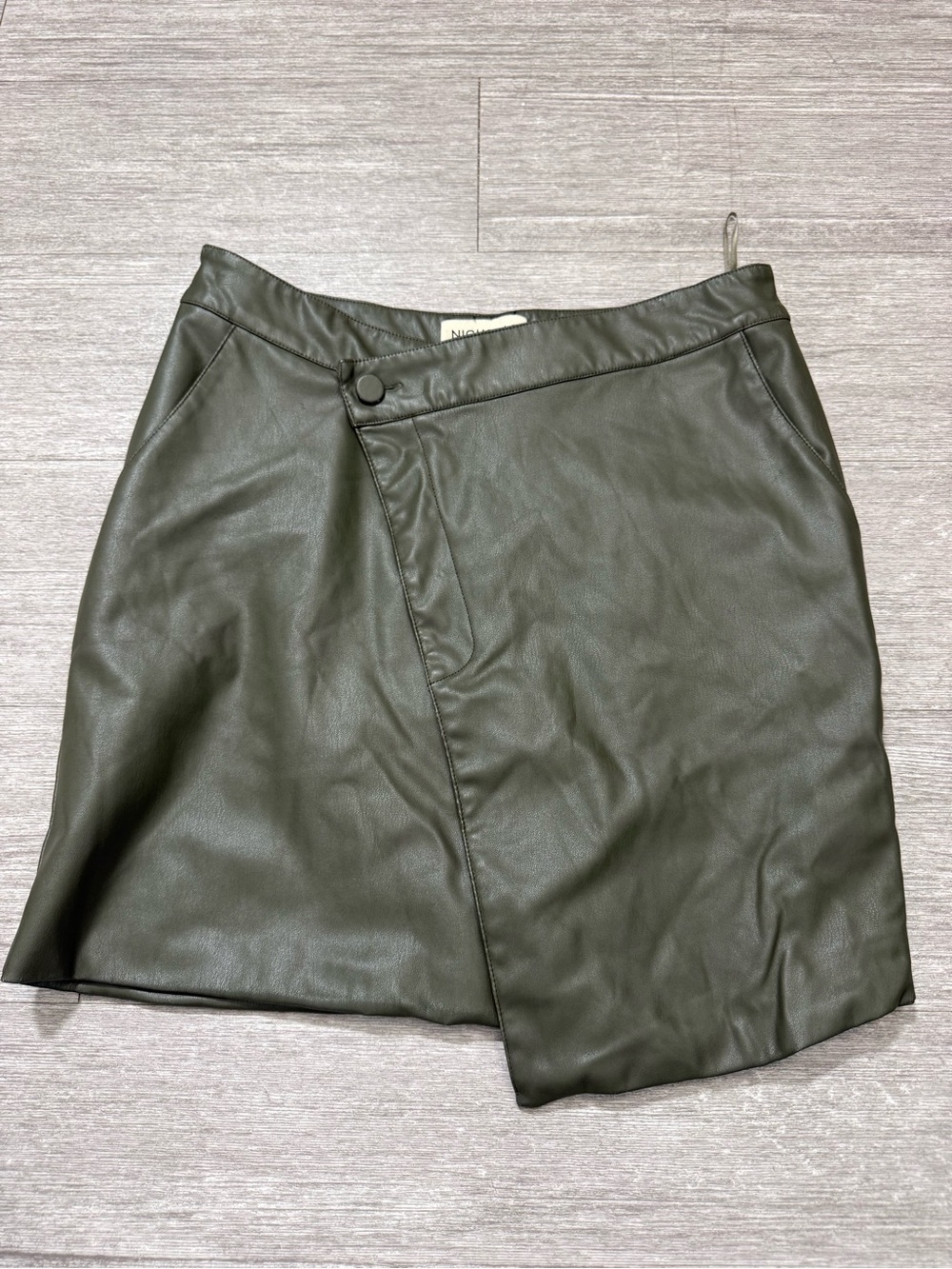Nicholas Olive Green Faux Leather Wrap Mini Skirt Vegan Leather Asymmetrical 6